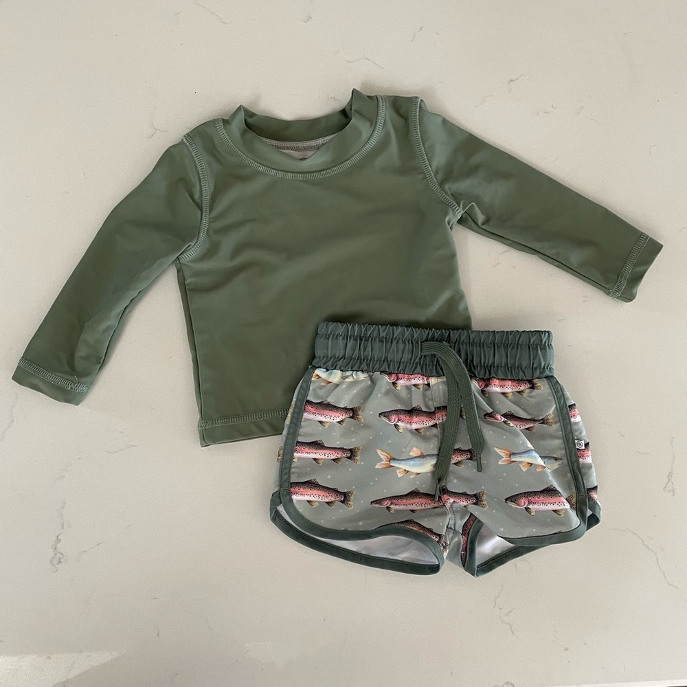 Caden Lane Freshwater Friends Trout Swim Trunks and Rashguard 0-3 months
